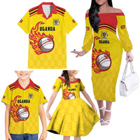 Uganda Cricket Custom Family Matching Off The Shoulder Long Sleeve Dress and Hawaiian Shirt Cranes Cricket Ball Fire - Wonder Print Shop