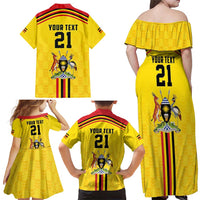 Uganda Cricket Custom Family Matching Off Shoulder Maxi Dress and Hawaiian Shirt Cranes Cricket Ball Fire - Wonder Print Shop