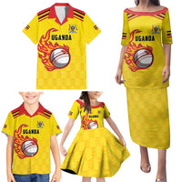 Uganda Cricket Custom Family Matching Puletasi and Hawaiian Shirt Cranes Cricket Ball Fire - Wonder Print Shop