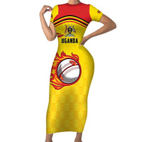 Uganda Cricket Custom Family Matching Short Sleeve Bodycon Dress and Hawaiian Shirt Cranes Cricket Ball Fire - Wonder Print Shop