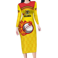 Uganda Cricket Custom Long Sleeve Bodycon Dress Cranes Cricket Ball Fire - Wonder Print Shop