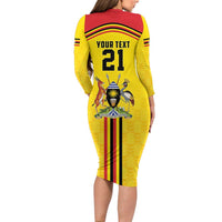 Uganda Cricket Custom Long Sleeve Bodycon Dress Cranes Cricket Ball Fire - Wonder Print Shop