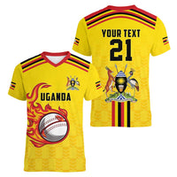Uganda Cricket Custom Women V-Neck T-Shirt Cranes Cricket Ball Fire - Wonder Print Shop