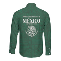 Dia de la Independencia de Mexico Long Sleeve Button Shirt 16 De Septiembre Traditional Aztec Tribal Green