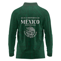 Dia de la Independencia de Mexico Long Sleeve Polo Shirt 16 De Septiembre Traditional Aztec Tribal Green