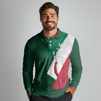 Dia de la Independencia de Mexico Long Sleeve Polo Shirt 16 De Septiembre Traditional Aztec Tribal Green