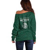 Dia de la Independencia de Mexico Off Shoulder Sweater 16 De Septiembre Traditional Aztec Tribal Green
