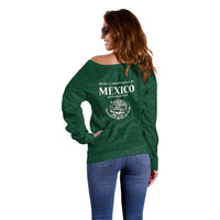 Dia de la Independencia de Mexico Off Shoulder Sweater 16 De Septiembre Traditional Aztec Tribal Green