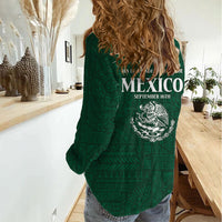 Dia de la Independencia de Mexico Women Casual Shirt 16 De Septiembre Traditional Aztec Tribal Green
