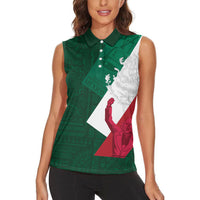 Dia de la Independencia de Mexico Women Sleeveless Polo Shirt 16 De Septiembre Traditional Aztec Tribal Green