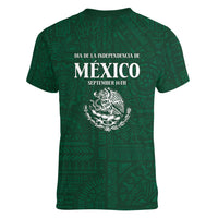 Dia de la Independencia de Mexico Women V-Neck T-Shirt 16 De Septiembre Traditional Aztec Tribal Green