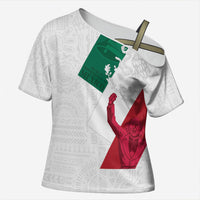 Dia de la Independencia de Mexico Cross Shoulder Shirt 16 De Septiembre Traditional Aztec Tribal White