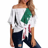 Dia de la Independencia de Mexico Off Shoulder Wrap Waist Top 16 De Septiembre Traditional Aztec Tribal White