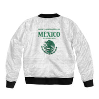 Dia de la Independencia de Mexico Sleeve Zip Bomber Jacket 16 De Septiembre Traditional Aztec Tribal White