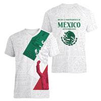 Dia de la Independencia de Mexico Women V-Neck T-Shirt 16 De Septiembre Traditional Aztec Tribal White