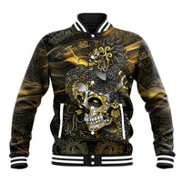Mexico Quetzalcoatl Aztec Calendar Baseball Jacket Black Gold Tribal Warrior Art