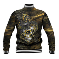 Mexico Quetzalcoatl Aztec Calendar Baseball Jacket Black Gold Tribal Warrior Art