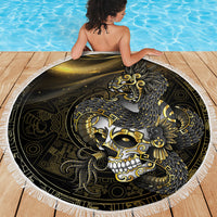 Mexico Quetzalcoatl Aztec Calendar Beach Blanket Black Gold Tribal Warrior Art