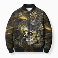 Mexico Quetzalcoatl Aztec Calendar Bomber Puffer Jacket Black Gold Tribal Warrior Art