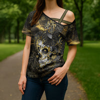 Mexico Quetzalcoatl Aztec Calendar Cross Shoulder Shirt Black Gold Tribal Warrior Art