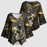 Mexico Quetzalcoatl Aztec Calendar Kimono Sleeve Blouse Black Gold Tribal Warrior Art