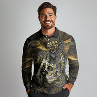 Mexico Quetzalcoatl Aztec Calendar Long Sleeve Polo Shirt Black Gold Tribal Warrior Art