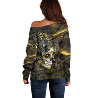 Mexico Quetzalcoatl Aztec Calendar Off Shoulder Sweater Black Gold Tribal Warrior Art