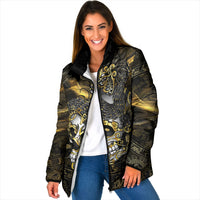 Mexico Quetzalcoatl Aztec Calendar Padded Jacket Black Gold Tribal Warrior Art