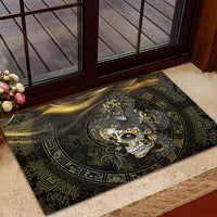 Mexico Quetzalcoatl Aztec Calendar Rubber Doormat Black Gold Tribal Warrior Art