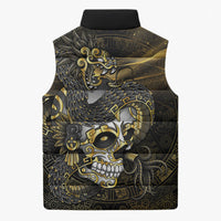 Mexico Quetzalcoatl Aztec Calendar Sleeveless Puffer Jacket Black Gold Tribal Warrior Art