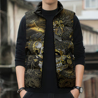 Mexico Quetzalcoatl Aztec Calendar Sleeveless Puffer Jacket Black Gold Tribal Warrior Art