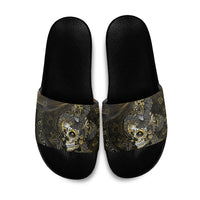 Mexico Quetzalcoatl Aztec Calendar Slide Sandals Black Gold Tribal Warrior Art