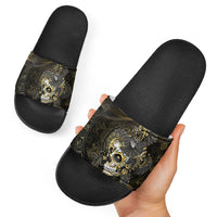 Mexico Quetzalcoatl Aztec Calendar Slide Sandals Black Gold Tribal Warrior Art