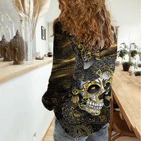 Mexico Quetzalcoatl Aztec Calendar Women Casual Shirt Black Gold Tribal Warrior Art