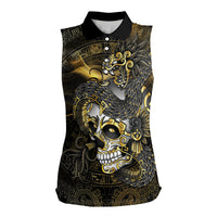 Mexico Quetzalcoatl Aztec Calendar Women Sleeveless Polo Shirt Black Gold Tribal Warrior Art