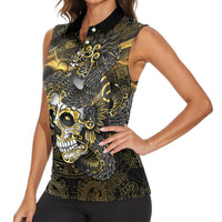 Mexico Quetzalcoatl Aztec Calendar Women Sleeveless Polo Shirt Black Gold Tribal Warrior Art