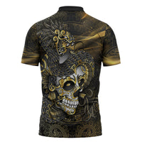 Mexico Quetzalcoatl Aztec Calendar Zipper Polo Shirt Black Gold Tribal Warrior Art