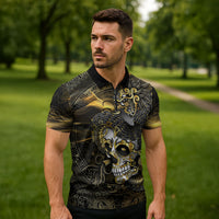 Mexico Quetzalcoatl Aztec Calendar Zipper Polo Shirt Black Gold Tribal Warrior Art