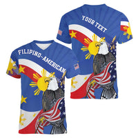 Personalized Filipino-American Women V-Neck T-Shirt Philippines Coat Of Arms with Bald Eagle - Wonder Print Shop