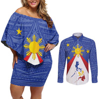 Personalized Pilipinas Eight-Rayed Sun Couples Matching Off Shoulder Short Dress and Long Sleeve Button Shirt Philippines Map With Polynesian Style LT9 - Wonder Print Shop