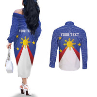 Personalized Pilipinas Eight-Rayed Sun Couples Matching Off The Shoulder Long Sleeve Dress and Long Sleeve Button Shirt Philippines Map With Polynesian Style