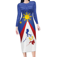 Personalized Pilipinas Eight-Rayed Sun Long Sleeve Bodycon Dress Philippines Map With Polynesian Style - Wonder Print Shop
