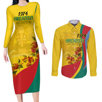 Grenada Independence Day Couples Matching Long Sleeve Bodycon Dress and Long Sleeve Button Shirt Bougainvillea Flowers Flag Style LT9 - Wonder Print Shop