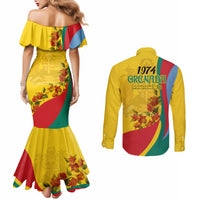 grenada-independence-day-couples-matching-mermaid-dress-and-long-sleeve-button-shirt-bougainvillea-flowers-flag-style