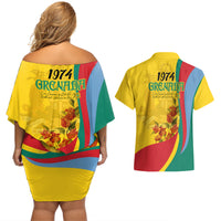 Grenada Independence Day Couples Matching Off Shoulder Short Dress and Hawaiian Shirt Bougainvillea Flowers Flag Style LT9 - Wonder Print Shop