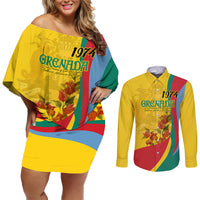 Grenada Independence Day Couples Matching Off Shoulder Short Dress and Long Sleeve Button Shirt Bougainvillea Flowers Flag Style LT9 - Wonder Print Shop