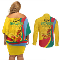 Grenada Independence Day Couples Matching Off Shoulder Short Dress and Long Sleeve Button Shirt Bougainvillea Flowers Flag Style LT9 - Wonder Print Shop