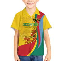 Grenada Independence Day Family Matching Short Sleeve Bodycon Dress and Hawaiian Shirt Bougainvillea Flowers Flag Style - Wonder Print Shop