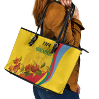 Grenada Independence Day Leather Tote Bag Bougainvillea Flowers Flag Style - Wonder Print Shop