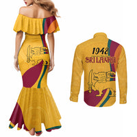 sri-lanka-national-day-couples-matching-mermaid-dress-and-long-sleeve-button-shirt-the-lion-passant-with-ketayam-wood-art